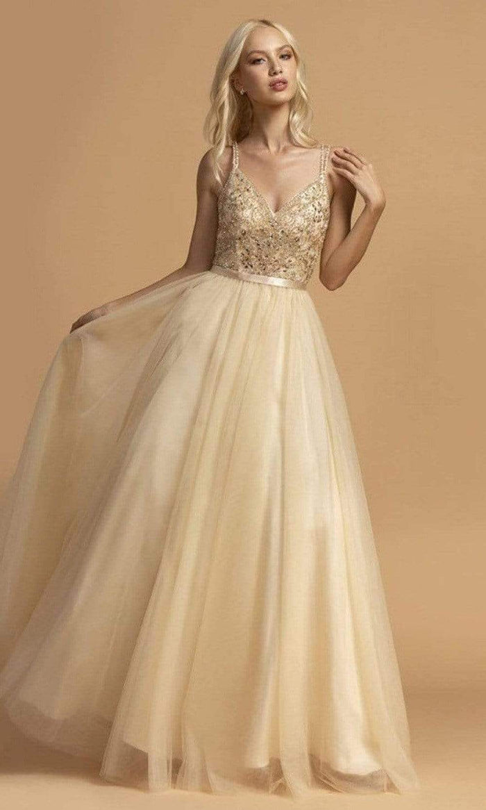 Trevi Collection - L2097 Beaded A-Line Evening Dress Prom Dresses XXS / Champagne