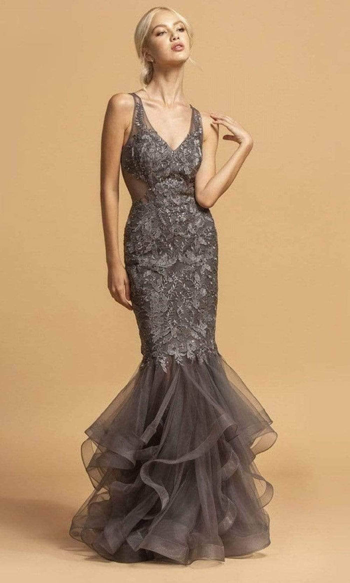 Aspeed Design L2116 - Embroidered V-Neck Evening Dress Evening Dresses XL / Charcoal