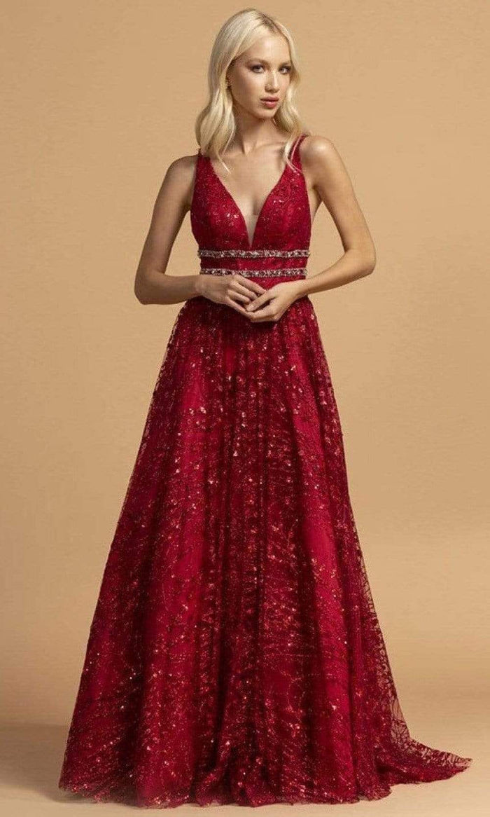 Trevi Collection - L2149 Beaded V Neck A-Line Gown Prom Dresses XXS / Burgundy