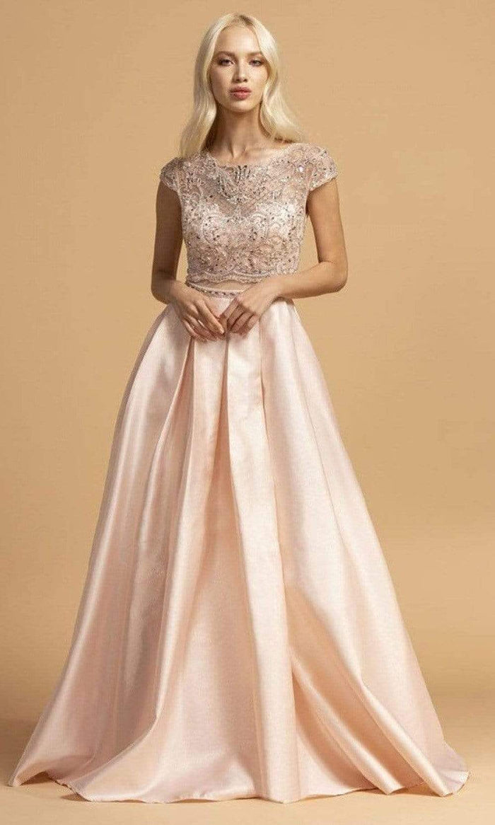 Trevi Collection - L2157 Faux Two-Piece Beaded Cap Sleeve Dress Mother of the Bride Dresses XXS / Blush