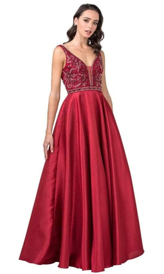 Trevi Collection - L2183 Beaded V-Neck Satin A-Line Dress Prom Dresses XXS / Burgundy