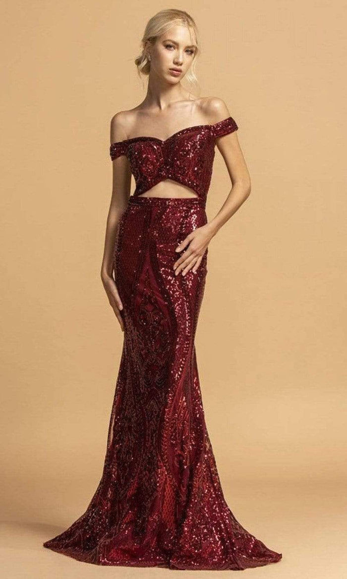 Trevi Collection - L2199 Off Shoulder Sheath Evening Dress Evening Dresses XXS / Burgundy