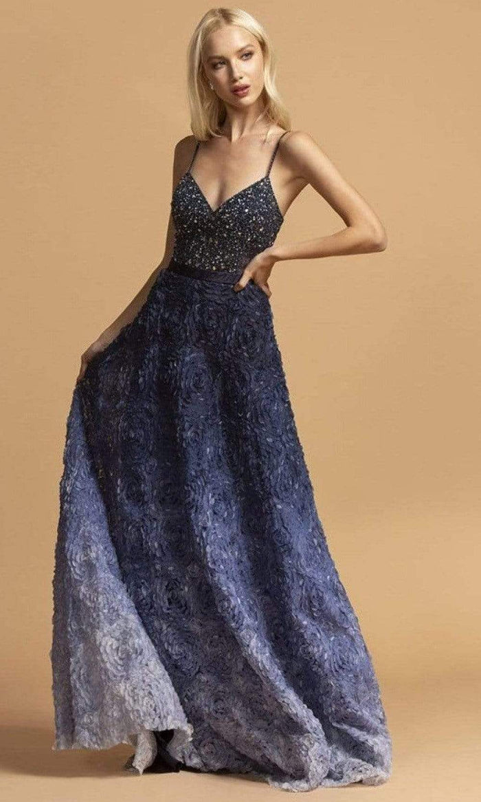 Trevi Collection - L2224 Beaded V-Neck A-Line Evening Dress Evening Dresses XXS / Navy