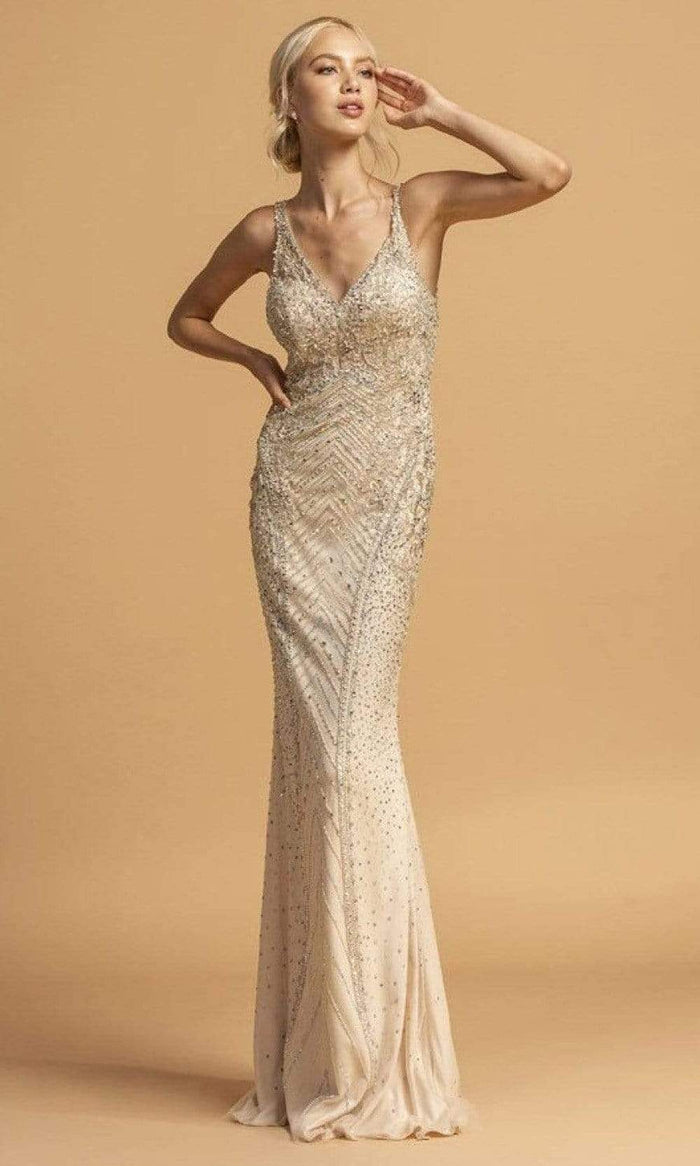 Trevi Collection - L2228 Rhinestone Embellished Long Dress Evening Dresses XXS / Champagne