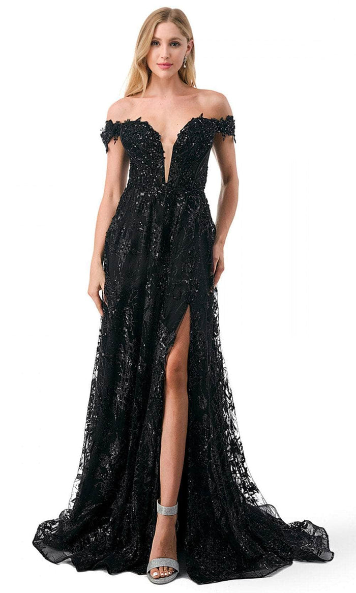 Aspeed Design L2621 - Floral Sequin Off Shoulder Evening Gown Special Occasion Dress XS / Black