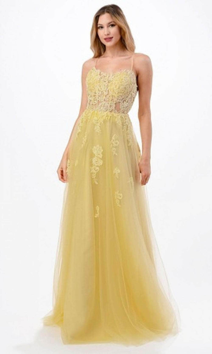 Trevi Collection L2657 - Lace Applique Sleeveless Prom Dress Prom Dresses XS / Yellow