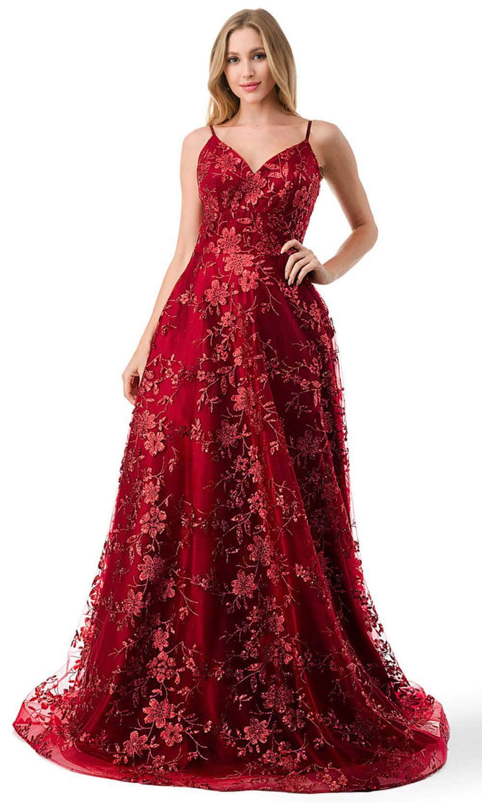 Trevi Collection L2764B - Floral Tulle Prom Dress Special Occasion Dress XS / Burgundy