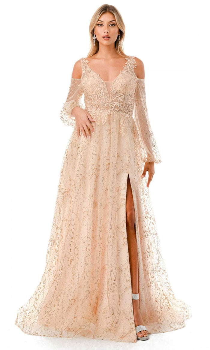 Trevi Collection L2772T - Glitter Cold Shoulder Evening Gown Special Occasion Dress S / Champagne