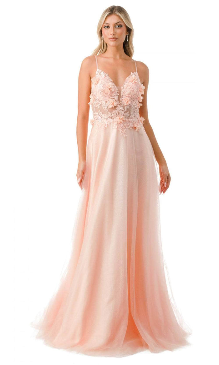 Trevi Collection L2782A - Appliqued Plunging V-Neck Evening Gown Special Occasion Dress XS / Blush