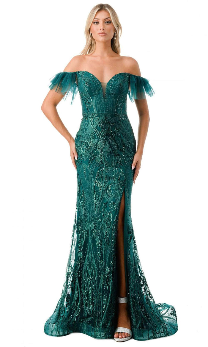 Trevi Collection L2786F - Ruffled Sleeve Embellished Evening Gown Special Occasion Dress XS / Hunter Green