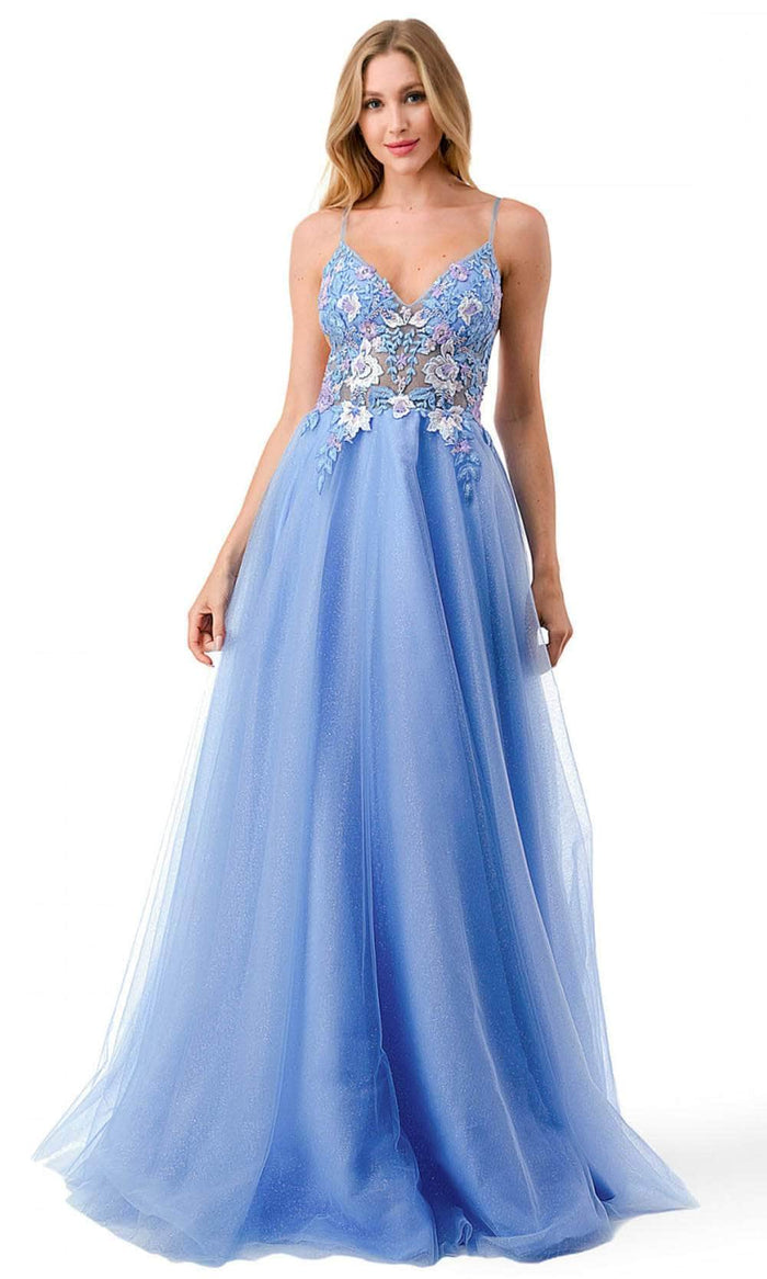 Trevi Collection L2792T - Floral Lace Applique V-neck Prom Dress Prom Dresses XS / Perry Blue