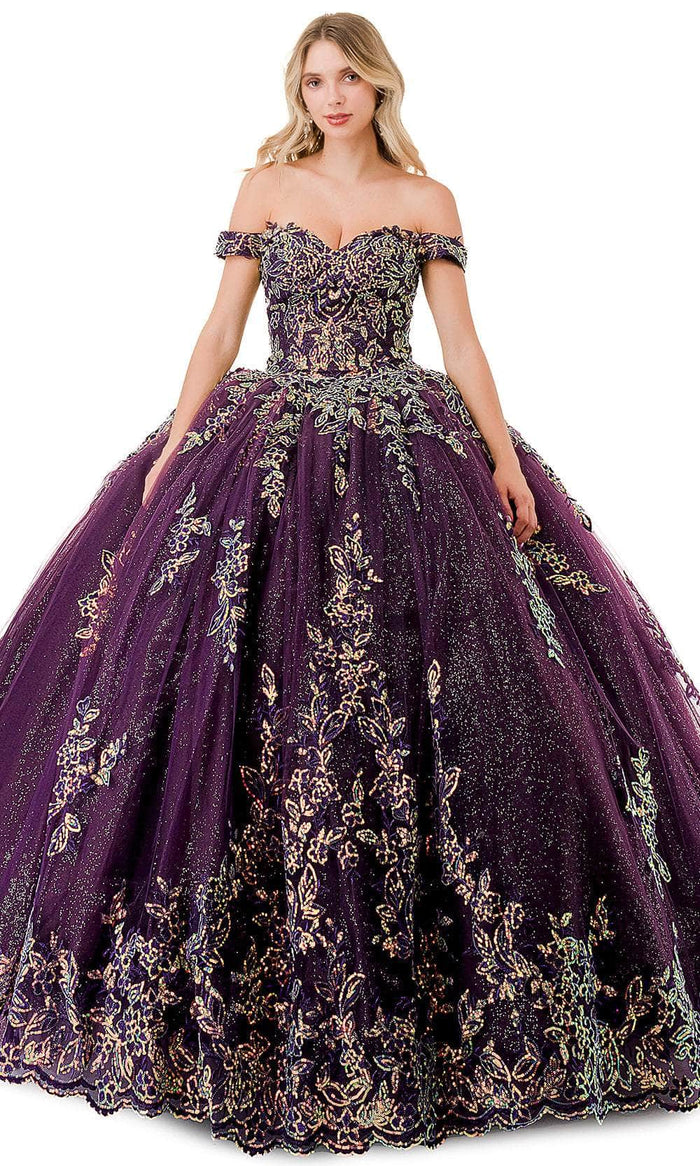 Aspeed Design L2822C - Sequin Appliqued Sweetheart Ballgown Quinceanera Dresses XXS / Eggplant