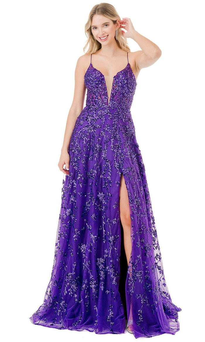 Aspeed Design L2878R - Plunging V-Neck Sequin Prom Dress Special Occasion Dress XXS / Purple