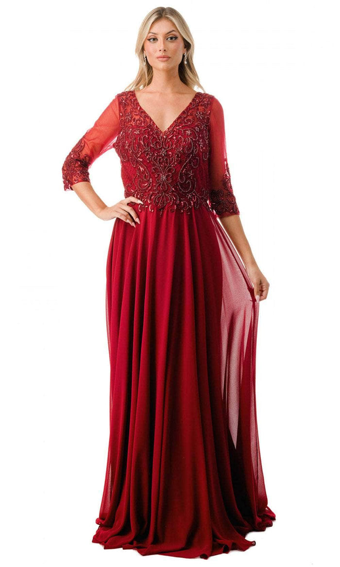 Aspeed Design M2722 - Illusion Sleeve A-Line Evening Gown Special Occasion Dress M / Burgundy