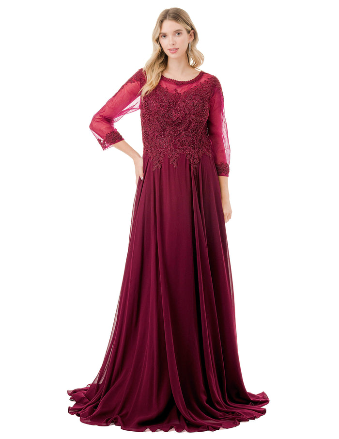 Aspeed Design M2723J - Beaded Lace Illusion Evening Gown Evening Dresses S / Burgundy