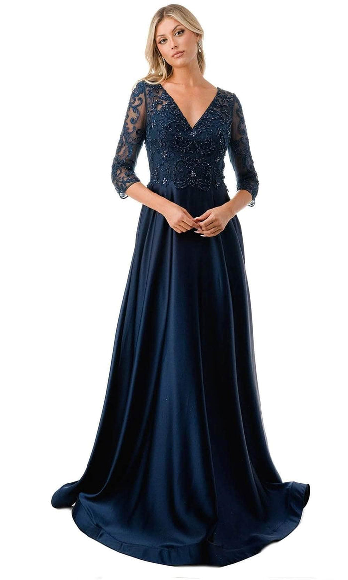 Trevi Collection M2734F - Embroidered Quarter Sleeve Formal Dress Special Occasion Dress M / Navy