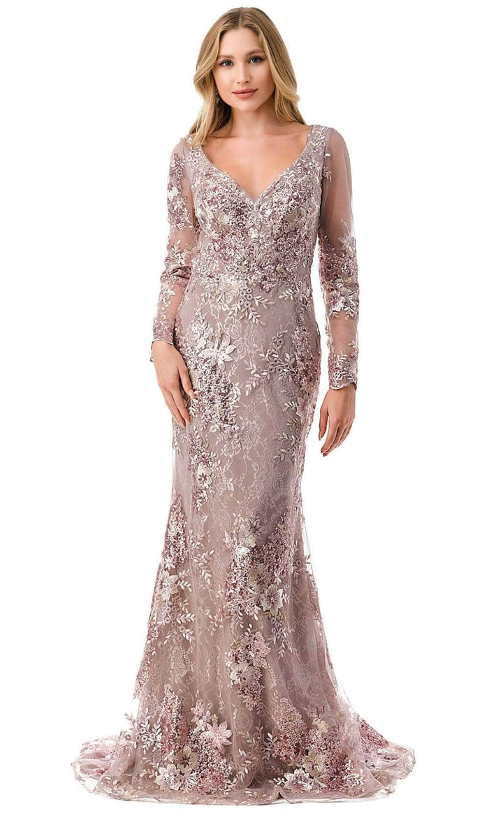 Trevi Collection M2768F - Floral Mermaid Evening Dress Special Occasion Dress XS / Mauve