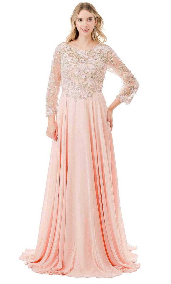 Aspeed Design M2838Y - Quarter Sleeve Beaded Lace Evening Dress Special Occasion Dress XXS / Blush-Gold