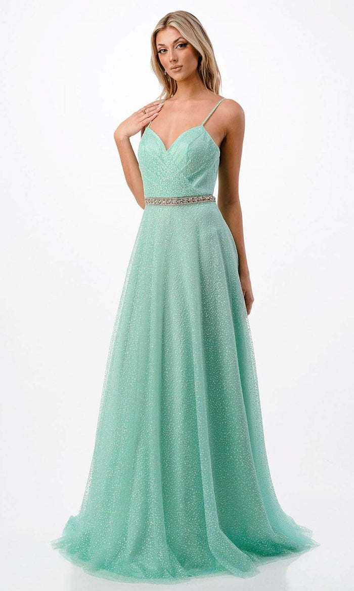 Trevi Collection P2105 - Spaghetti Straps Beaded Prom Gown Special Occasion Dress XS / Light-Aqua