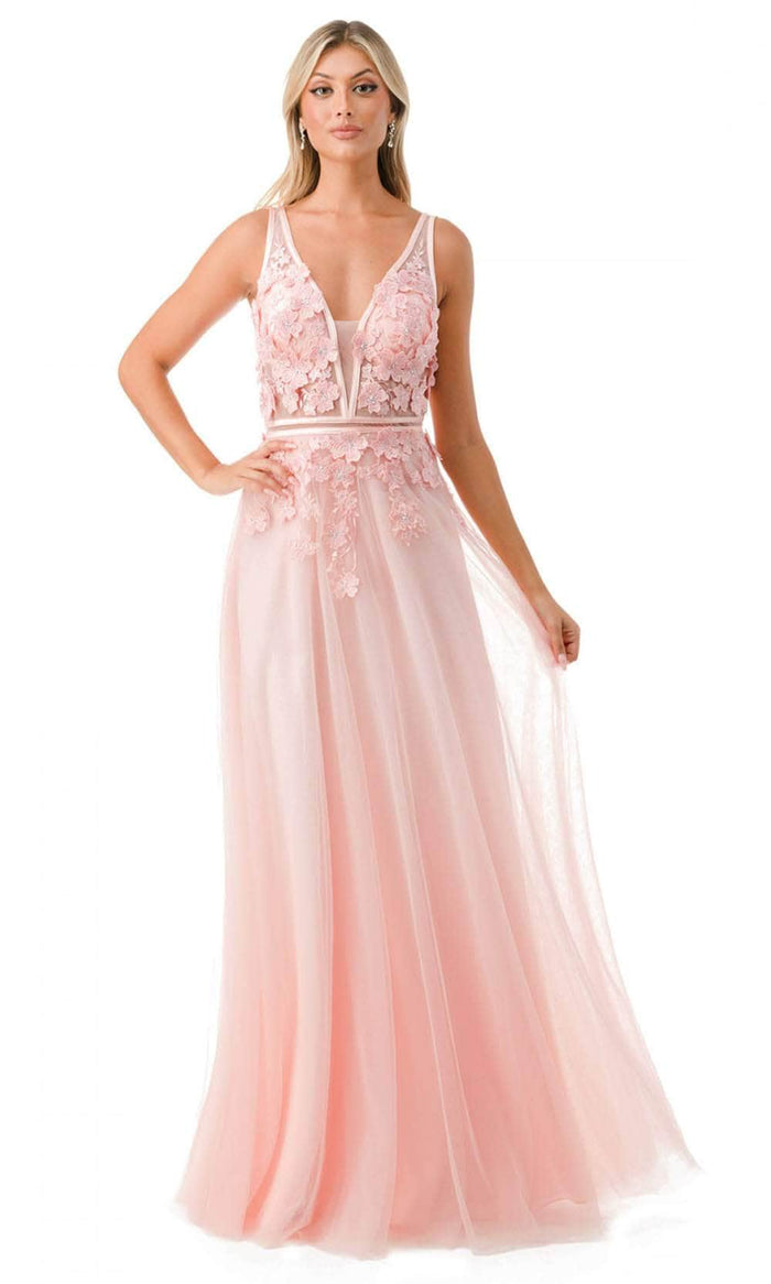 Trevi Collection P2114 - Floral Appliqued A-Line Prom Gown Special Occasion Dress XS / Blush