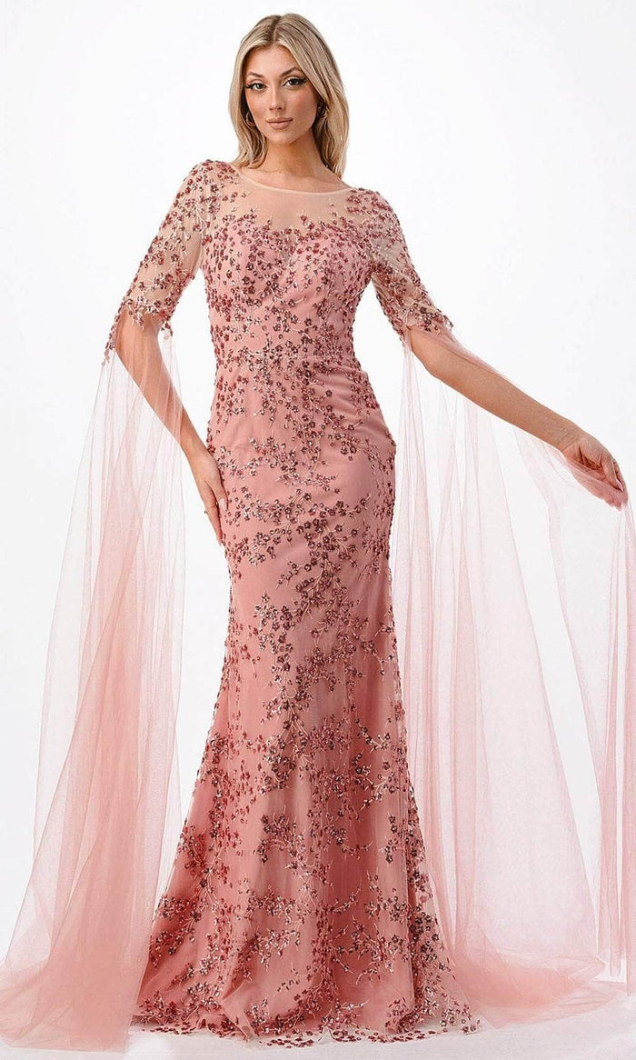 Aspeed Design P2221 - Illusion Cape Sleeve Formal Gown Mother of the Bride Dresses L / Dusty Rose