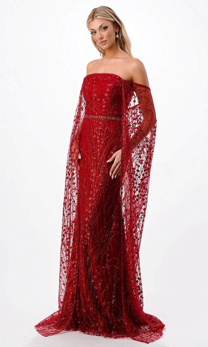 Trevi Collection P2300 - Glitter Off Shoulder Evening Gown Formal Gowns XS / Burgundy