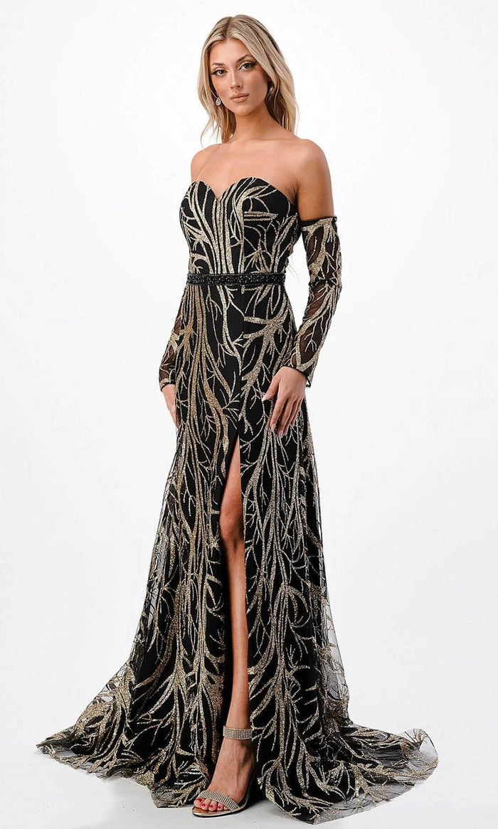 Trevi Collection P2304 - Glitter Print Evening Gown Evening Dresses XS / Black Gold