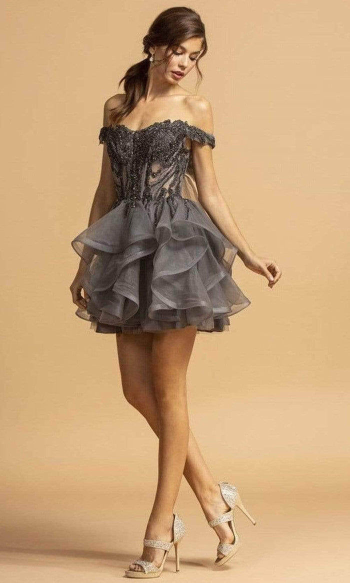 Aspeed Design - S2094 Cut-Out Detailed Sweetheart Neck Cocktail Dress Homecoming Dresses XS / Charcoal