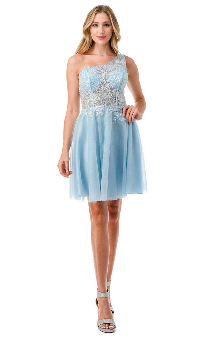 Aspeed Design S2723 - One-Sleeve A-Line Cocktail Dress Cocktail Dresses XS / Light-Blue