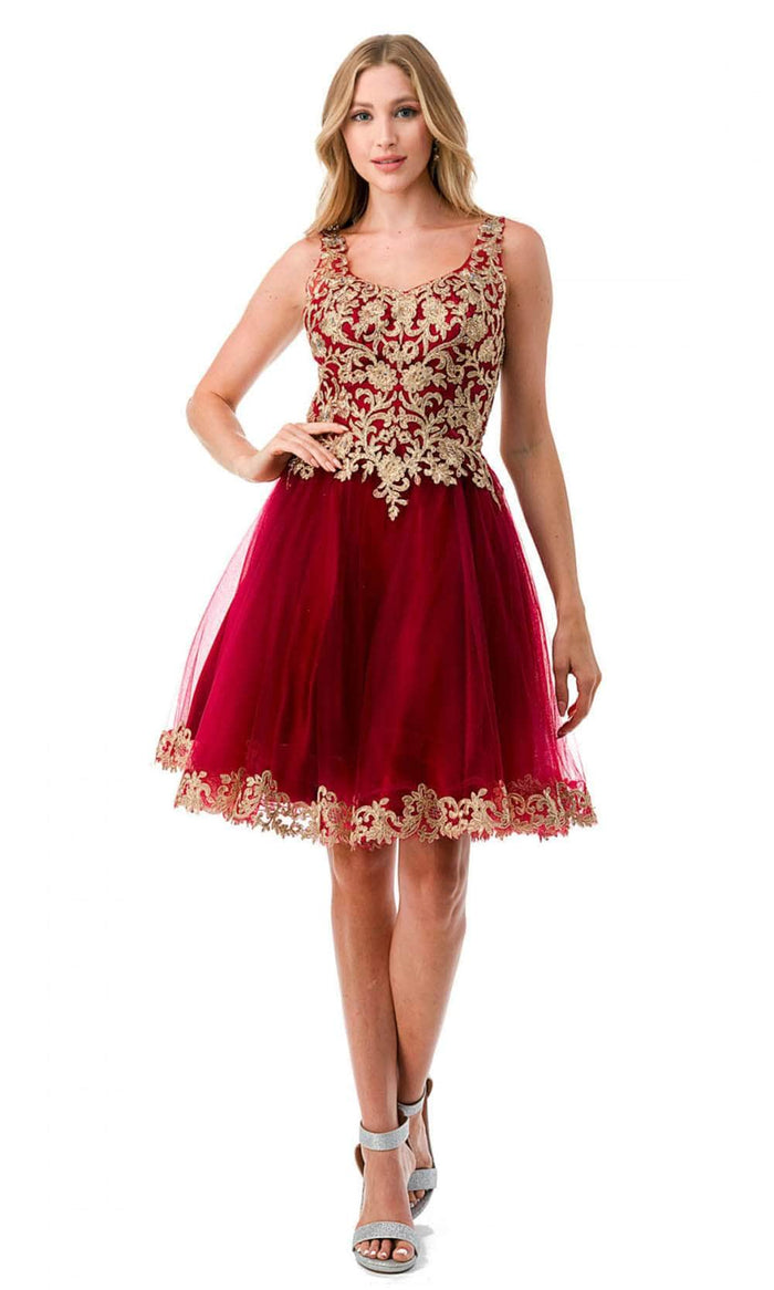 Trevi Collection S2738J - Applique A-Line Homecoming Dress Special Occasion Dress XXS / Burgundy Gold