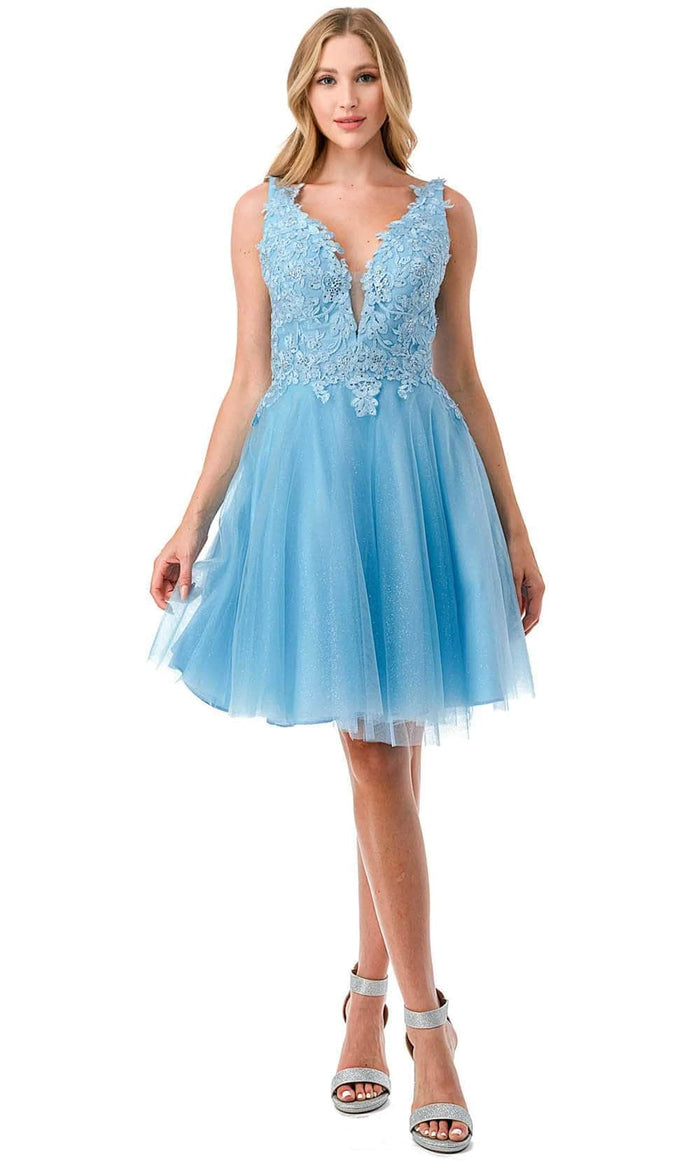 Aspeed Design S2739J - Applique V-Neck Homecoming Dress Cocktail Dresses XXS / Sky Blue