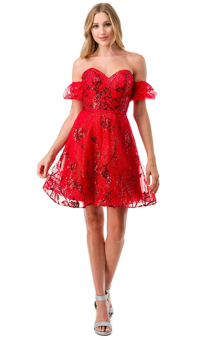 Aspeed Design S2747B - Embellished Off-Shoulder Cocktail Dress Cocktail Dresses XS / Red