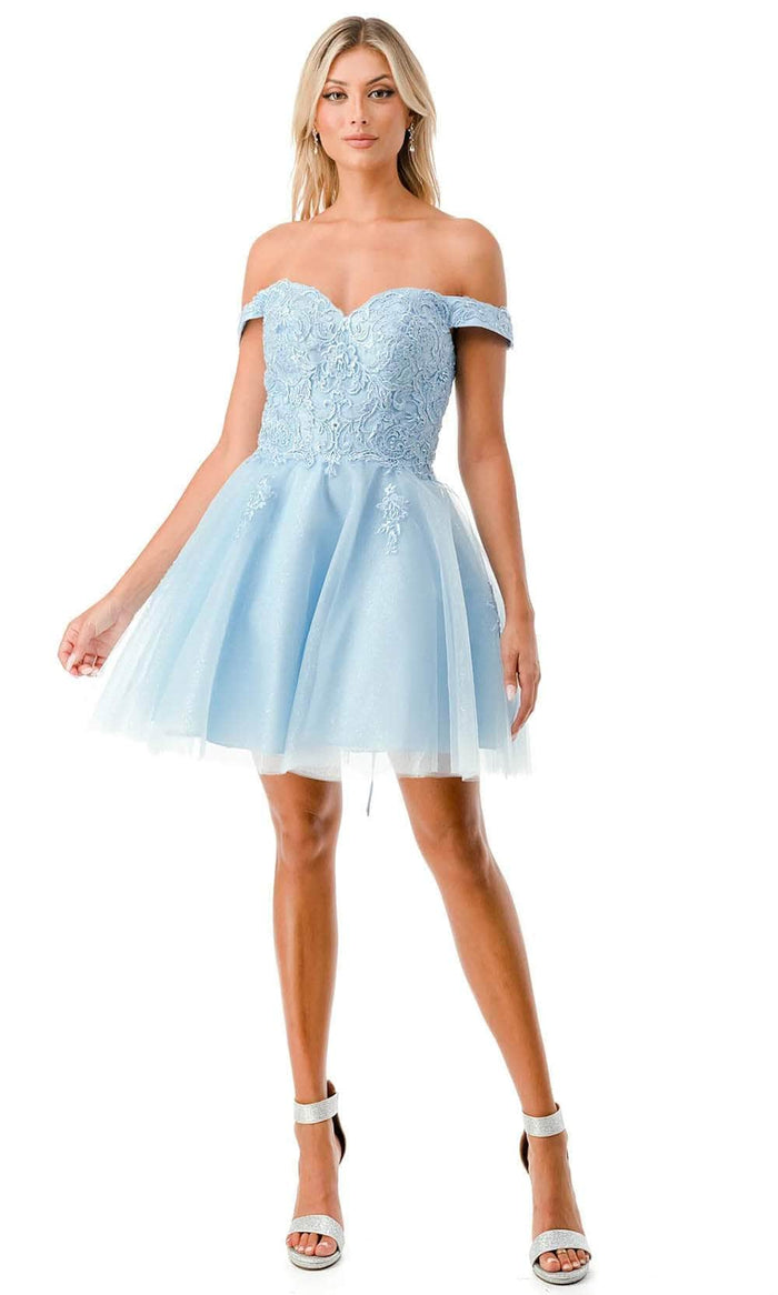 Aspeed Design S2752C - Lace Off Shoulder Homecoming Dress XXS / Light Blue