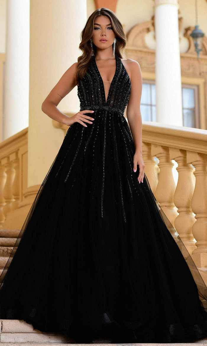 Ava Presley 38926 - Plunging Neckline Beaded Ballgown Special Occasion Dress 00 / Black