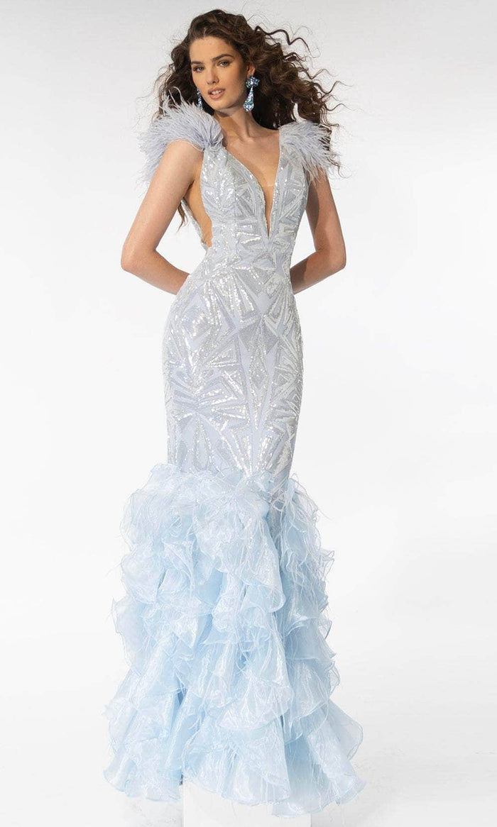 Ava Presley 39315 - Feather Detailed Sleeveless Mermaid Evening Dress Special Occasion Dress 00 / Light Blue