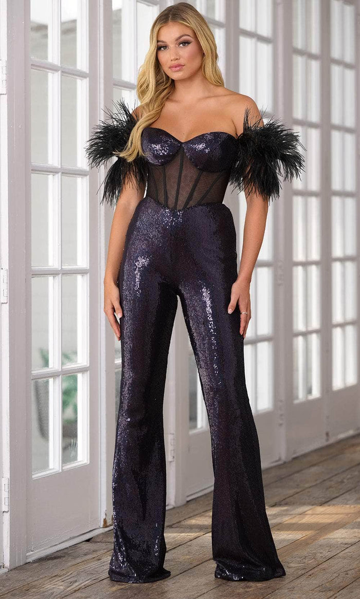 Ava Presley 39577 - Feathered Corset Jumpsuit Special Occasion Dress 00 / Black