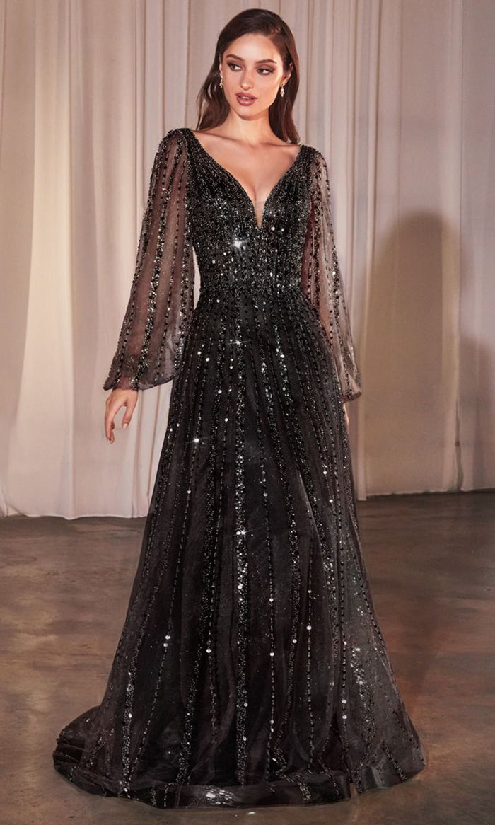 Ladivine CD0240 - Sheer Bishop Sleeve Evening Gown