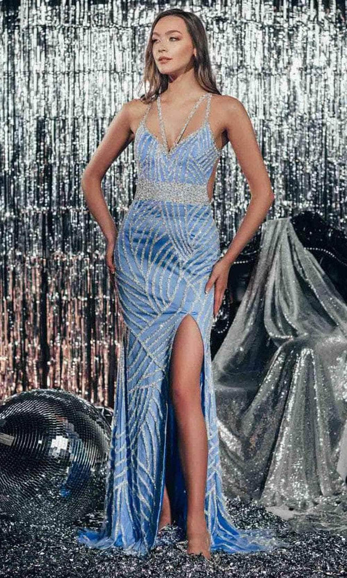 Chic and Holland AF330092 - Rhinestone Embellished Open Back Prom Gown Prom Dresses 0 / Blue