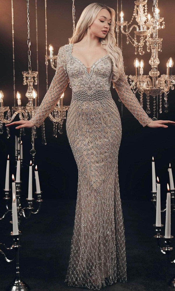 Chic and Holland HF110104 - Long Sleeve Beaded Evening Gown Evening Dresses 0 / Silver Nude