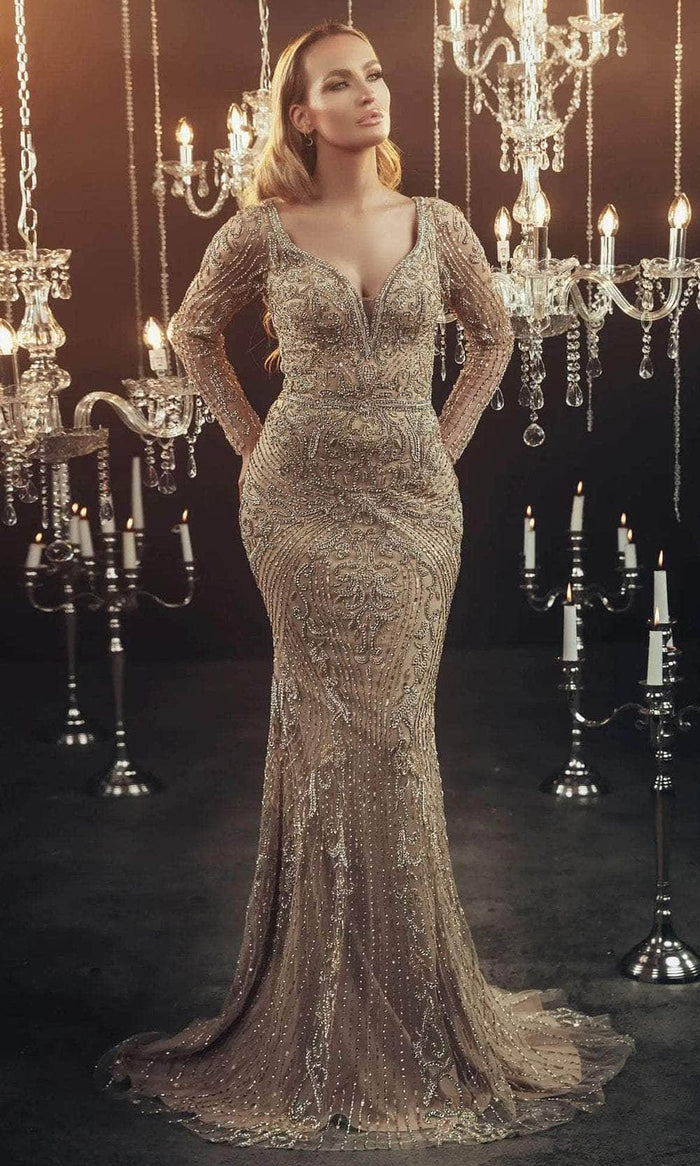 Chic and Holland HF110117 - Scoop Back Beaded Evening Dress Mother of the Bride Dresses 0 / Gold