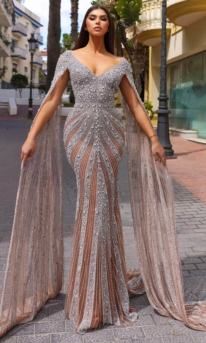 Chic and Holland HF110276 - Cape Sleeve Scoop Back Evening Dress Evening Dresses 0 / Nude/Silver