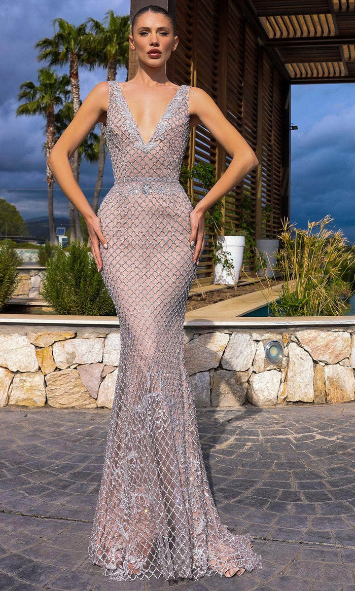 Chic and Holland HF110331 - Beaded Lattice V-Neck Evening Dress Evening Dresses 0 / Silver/Nude