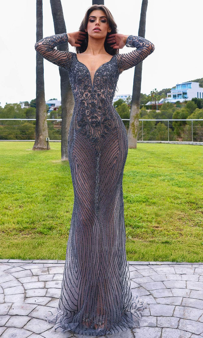 Chic and Holland HF110397 - Illusion Bodice Long Sleeve Evening Dress Prom Dresses 0 / Gunmetal