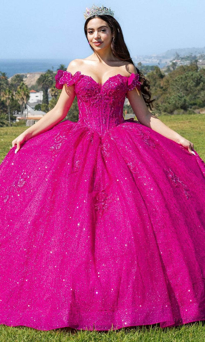 Cinderella Couture 8120J - Off-Shoulder Floral Embellished Ballgown Special Occasion Dress XS / Fuchsia