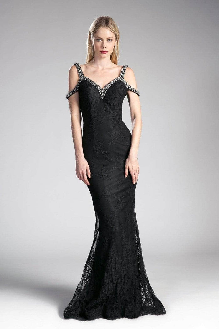 Cinderella Divine 13112A - Embellished Strappy V-neck Lace Fitted Dress Prom Dresses 2 / Black