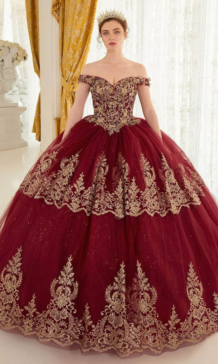 Cinderella Divine 15705 - Gold Lace Applique Off-Shoulder Ballgown Ball Gowns XXS / Burgundy-Gold