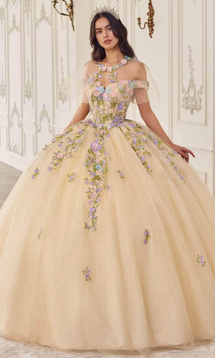 Cinderella Divine 15724 - Floral Multi-Color Ballgown Ball Gowns XXS / Champagne