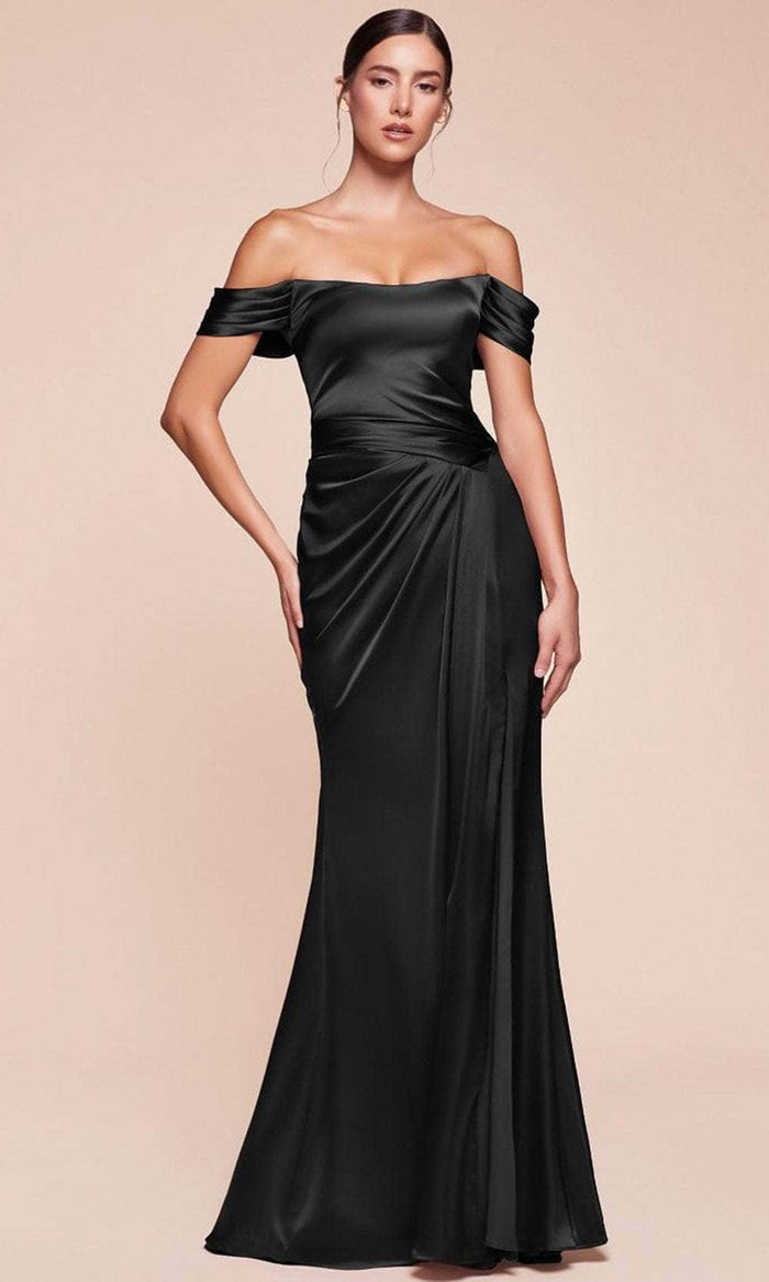 Cinderella Divine 7452 - High Slit Satin Long Gown Bridesmaid Dresses 2 / Black