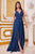 Cinderella Divine - 7469 V Neck High Slit Satin Flowy A-Line Dress Bridesmaid Dresses 2 / Navy