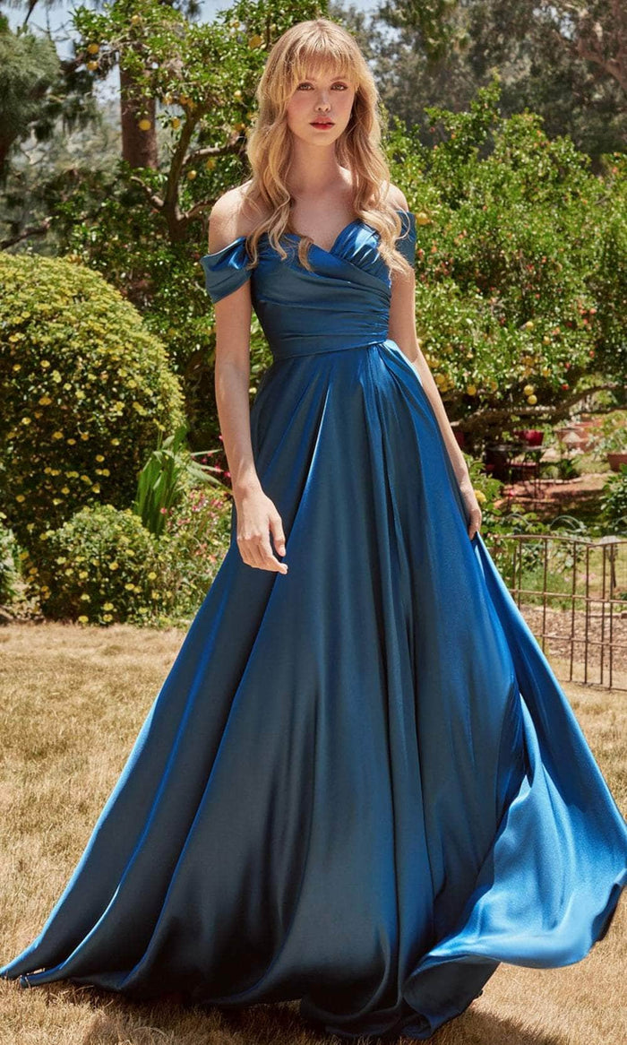 Cinderella Divine 7493 - Off Shoulder Faux-Wrap Evening Gown Evening Dresses 2 / French Navy